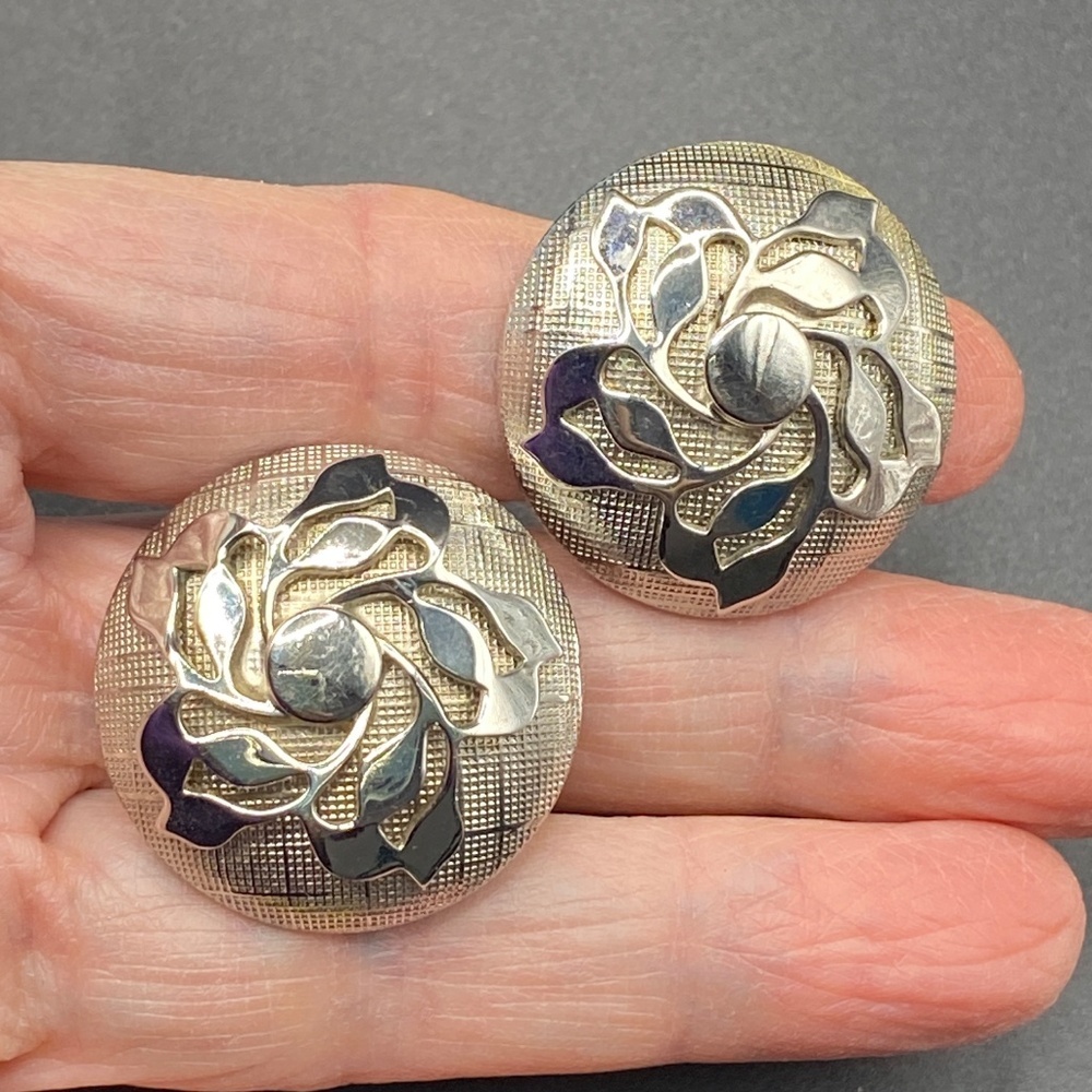 Vintage Clip On Earrings Textured Silver Tone Dome Shape Granny Core